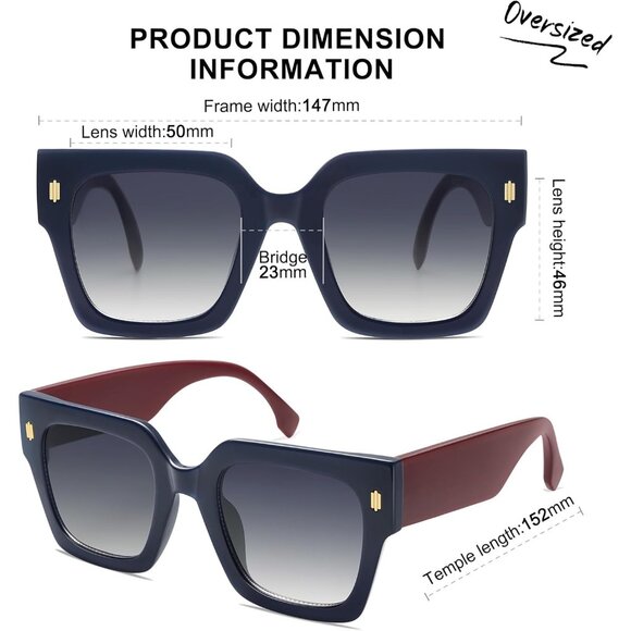 Women's Blue Luxury Large Vintage Oversized Square Eyes Protecting Sunglasses - Picture 4 of 6